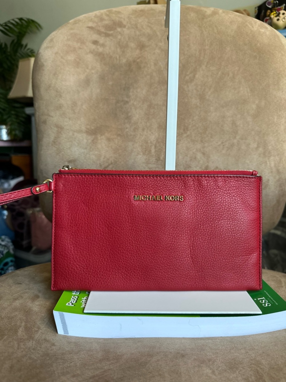 Michael Kors Red Soft Pebbled Leather Large Wristlet Very Good Condition